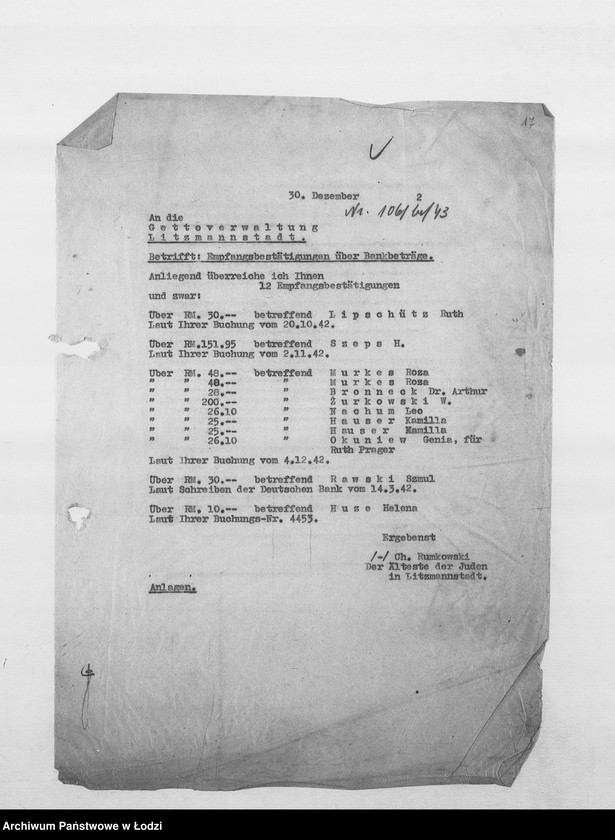 Obraz 20 z jednostki "Banken [Korespondencja PSŻ z GV i bankami niemieckimi w sprawie przekazów pieniężnych dla wsiedlonych do getta Żydów z Rzeszy]"