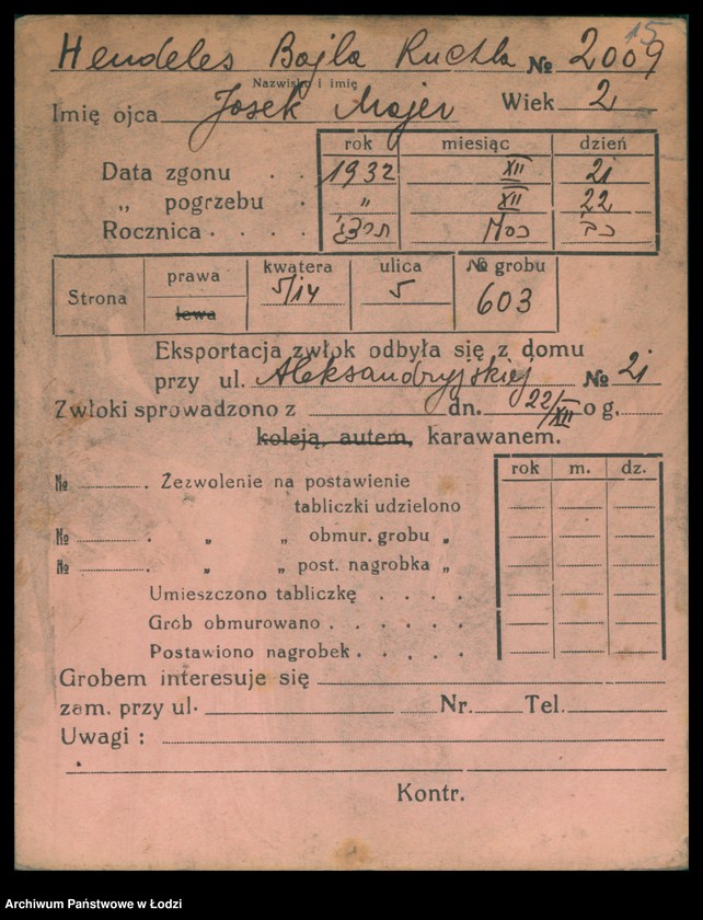 Obraz 16 z jednostki "Kartoteka osób pochowanych na cmentarzu żydowskim przy ulicy Brackiej w latach 1892-1955. Nazwiska na litery: Helmi-Hey"