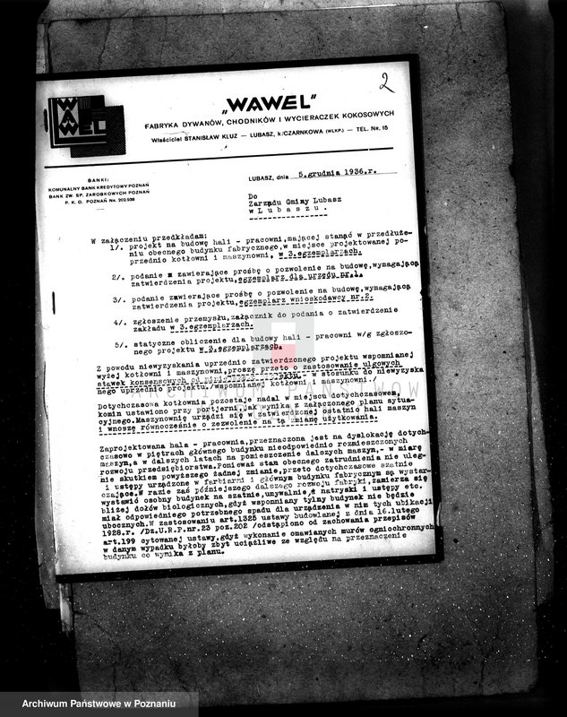 Obraz 11 z jednostki "Zatwierdzenie zakładu przemysłowo /warsztat tkacki firmy Wawel w Lubaszu pow. czarnkowski/"