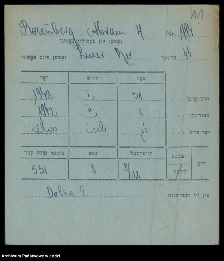 Obraz 12 z jednostki "Kartoteka osób pochowanych na cmentarzu żydowskim przy ulicy Brackiej w latach 1892-1954. Nazwiska na litery: Rozenbe-Rozenf"
