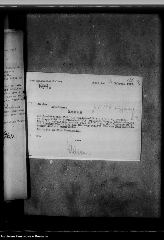 Obraz 17 z jednostki "Personalakten der Angestellten im Reichsarchiv - Posen, Hildegard Neumann"