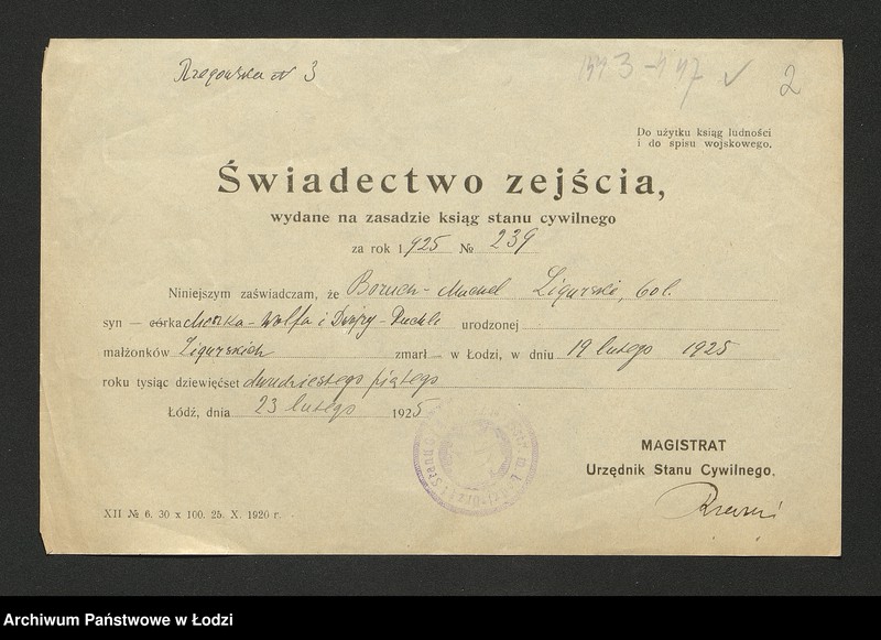 Obraz 4 z jednostki "Dowody metrykalne stałych mieszkańców m. Łodzi nr domu 1461"