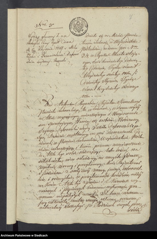 Obraz 8 z jednostki "Akta dobrej woli przez Antoniego Roguskiego Rejenta Powiatu Łukowskiego przyjęte w roku 1837 [akta notarialne od nr 1 do nr 211]"