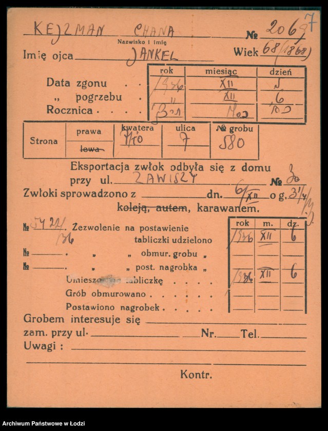 Obraz 8 z jednostki "Kartoteka osób pochowanych na cmentarzu żydowskim przy ulicy Brackiej w latach 1892-1951. Nazwiska na litery: Kei-Ki"