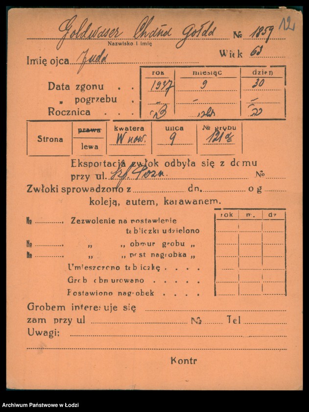 Obraz 13 z jednostki "Kartoteka osób pochowanych na cmentarzu żydowskim przy ulicy Brackiej w latach 1892-1959. Nazwiska na litery: Goldw-Gö"
