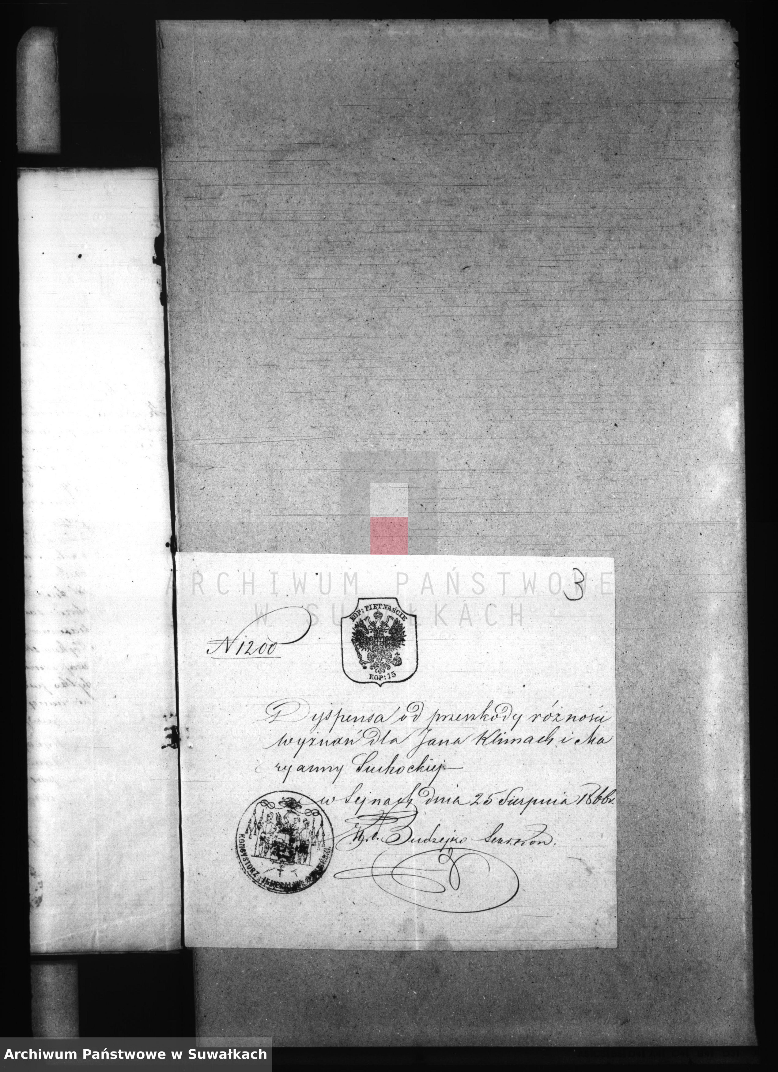 Skan z jednostki: Dowody do Akt Małżeństw Parafii Jeleniewskiej z roku 1866.