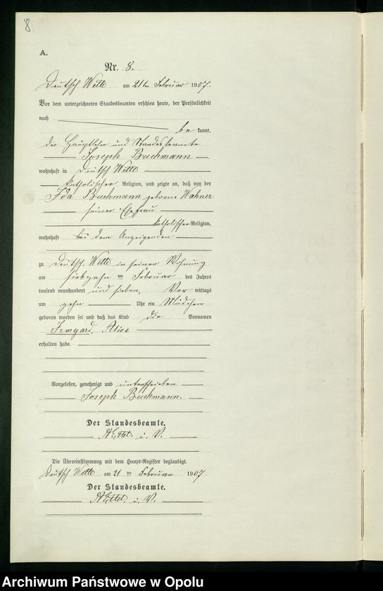Obraz 12 z jednostki "Geburts-Neben-Register des Standesamts Deutsch Wette pro 1907"