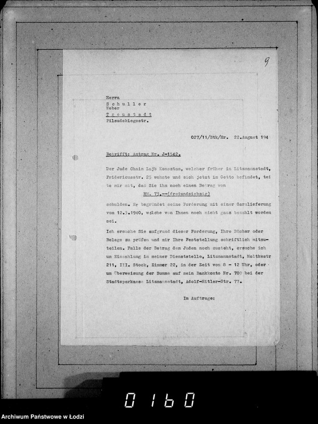 Obraz 13 z jednostki "J 1541-1560 [Wnioski Żydów z Getta o zwrot należności za towar wzięty na kredyt]"