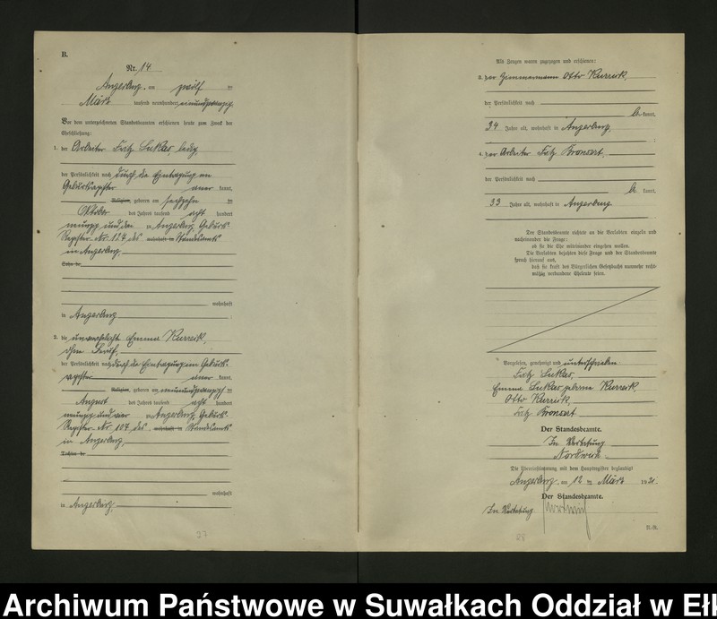image.from.unit.number "B2. Heirats = Register (Neben = Register) Standesamt Angerburg einschl. der Bezirke, Gross Strengeln, Kehlen und Prinowen No 1 bis 95"