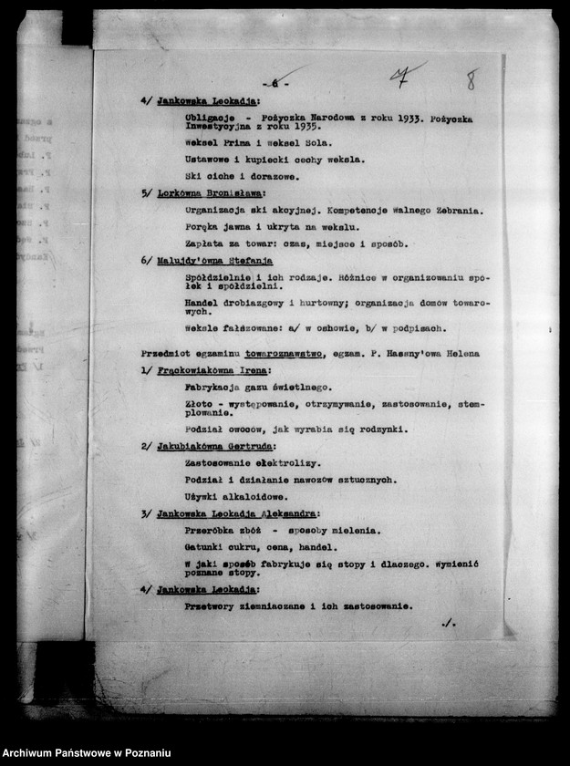 Obraz 13 z jednostki "Państwowa Szkoła Przemysłowo Handlowa Żeńska- Leszno [protokół z egzaminu końcowego]"