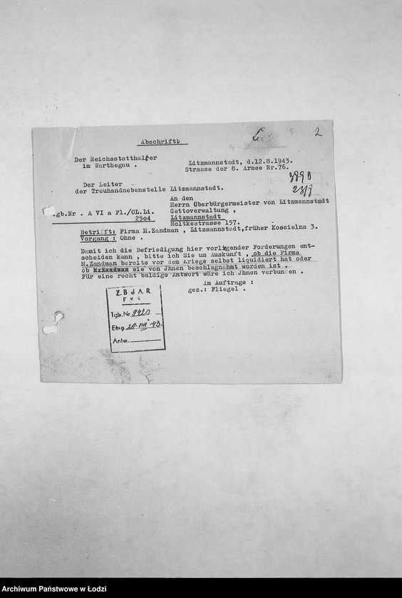 Obraz 5 z jednostki "[Korespondencja PSŻ z GV, z instytucjami i firmami niemieckimi w sprawie informacji o mieszkańcach getta: ich adresach, majątku, narodowości itp. – w związku z rentami i wierzytelnościami]"