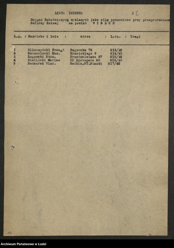 Obraz 13 z jednostki "Wykazy aktywu biorącego udział w reformie rolnej"