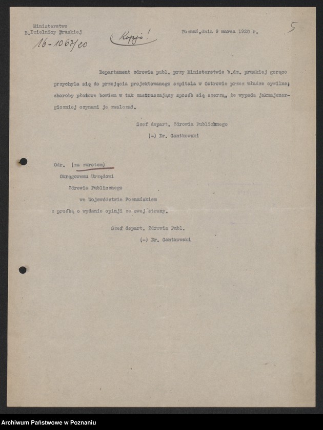 Obraz 7 z jednostki "Ministerstwo byłej Dzielnicy Pruskiej - Departament Zdrowia Publicznego. Akta w sprawie: Lecznic dla chorych wenerycznie kobiet [korespondencja]"