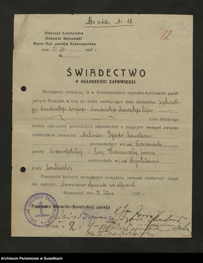 image.from.unit.number "Dokumenty do aktów zaślubionych Rzymsko Katolickiej parafji Smolanskiej za rok 1934"