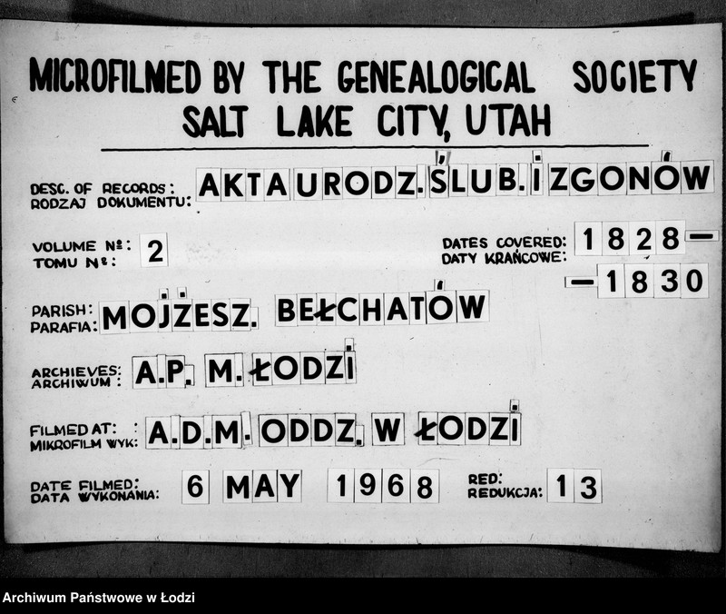 image.from.unit.number "Księga Akt Stanu Cywilnego Wyznania Mojżeszowego Urodzonych w Parafii Bełchatow Obwodzie Piotrko[wskim] Wojew[ództwie] Kali[skim] od roku 1828, [18]29, [18]30"