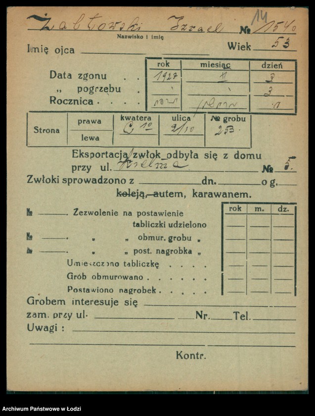 Obraz 15 z jednostki "Kartoteka osób pochowanych na cmentarzu żydowskim przy ulicy Brackiej w latach 1892-1956. Nazwiska na literę Ż"