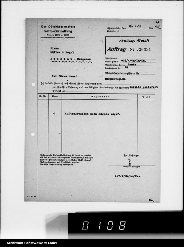 Obraz 20 z jednostki "Aufträge Metall-Abteilung v.26101-26343"