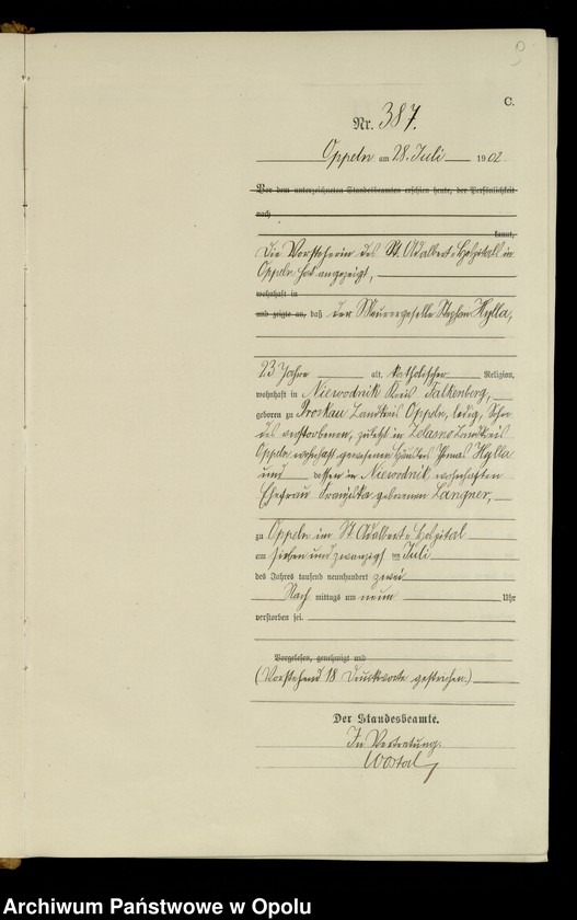 Obraz 12 z jednostki "Urząd Stanu Cywilnego w Opolu 1902 Rejestr zgonów Księga Miejscowa Nr 378 do 633"