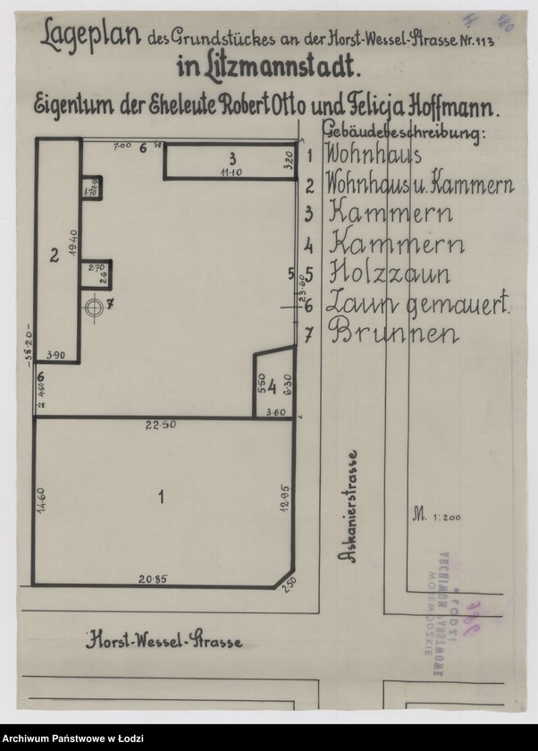 Obraz 1 z jednostki "Lageplan des Grundstückes an der Horst Wessel Straße Nr 113 in Litzmannstadt"