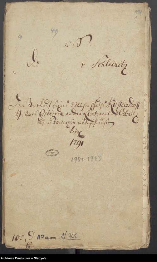 image.from.unit.number "In S. [Sachen] des v. [von] Schleinitz den Verkauf seines adelichen Guths Kirsteinsdorf [ Kiersztanowo] H. [Haupt] Amts Osterode [Ostróda] an den Lieutenant v. [von] Oelsnitz auf Plowenzin in Westpreussen"