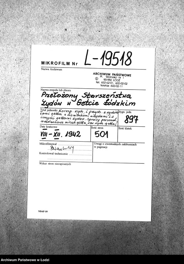 Obraz 2 z jednostki "[Korespondencja wychodząca i przychodząca z wydziałami getta, z niemieckimi urzędami i innymi gettami żydowskimi. Sprawy personalne, meldunkowe mieszkańców getta. Sprawy wewnętrzne Wydziałów Ewidencji]"