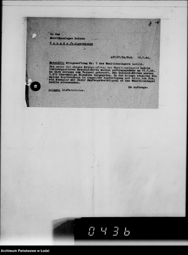 Obraz 14 z jednostki "Auftrag 5934. Warenverwertung an den Judenältesten für Munitionslager Lublin. Geschosskörbe"