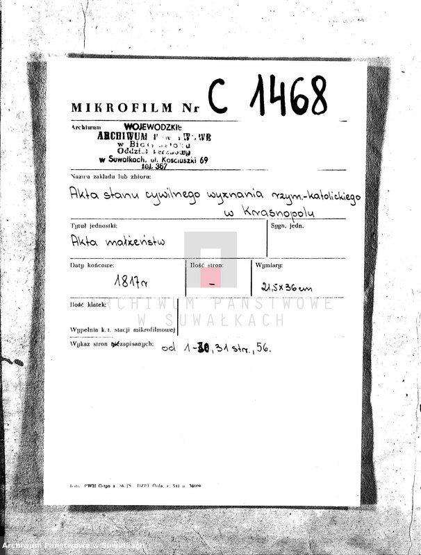 image.from.unit.number "Akta Cywilne Małżeństwa Gminy Krasnopolskiey Powiatu Seyneńskiego Województwa augstowskiego Roku 1817."