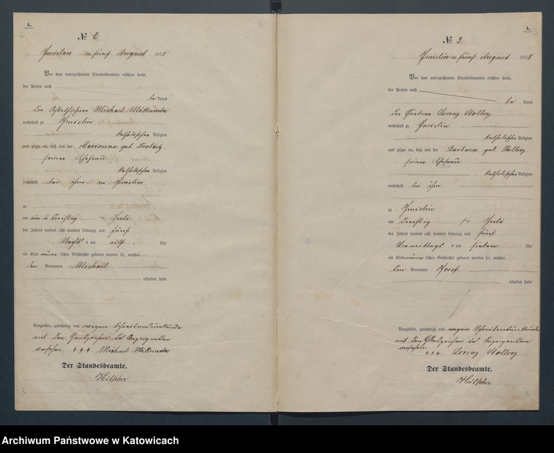 Obraz z jednostki "Geburts-Haupt-Register des Königlich Preussichen Standesamts Imielin im Kreise Pless pro 1875"