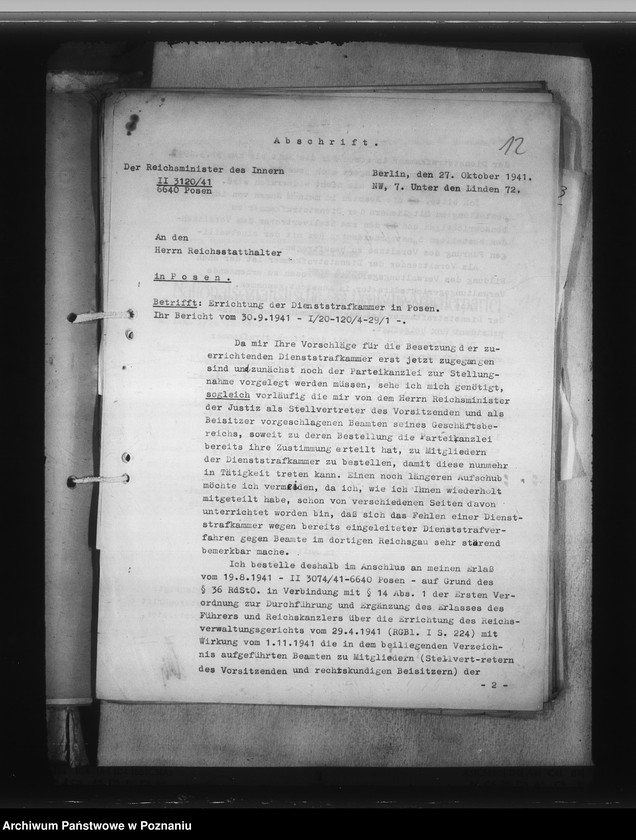 Obraz 17 z jednostki "Zarządzenia i korespondencja w sprawie organizacji Dienstarafkammer Posen"
