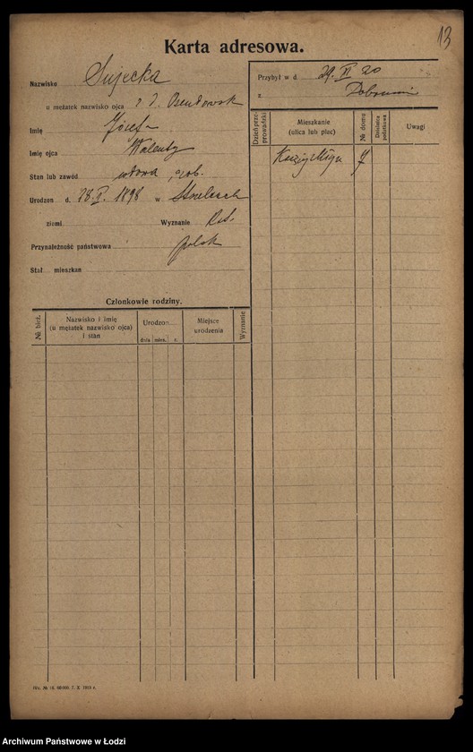 Obraz 15 z jednostki "[Spis ludności Łodzi] Sudzińska-Sumora"