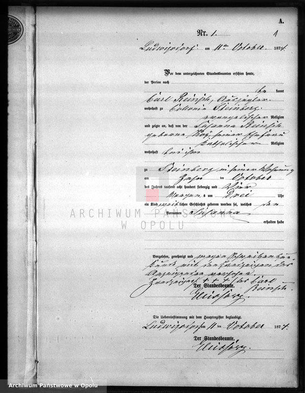 Obraz z jednostki "Geburts-Neben-Register Ludwigsdorf 1874"