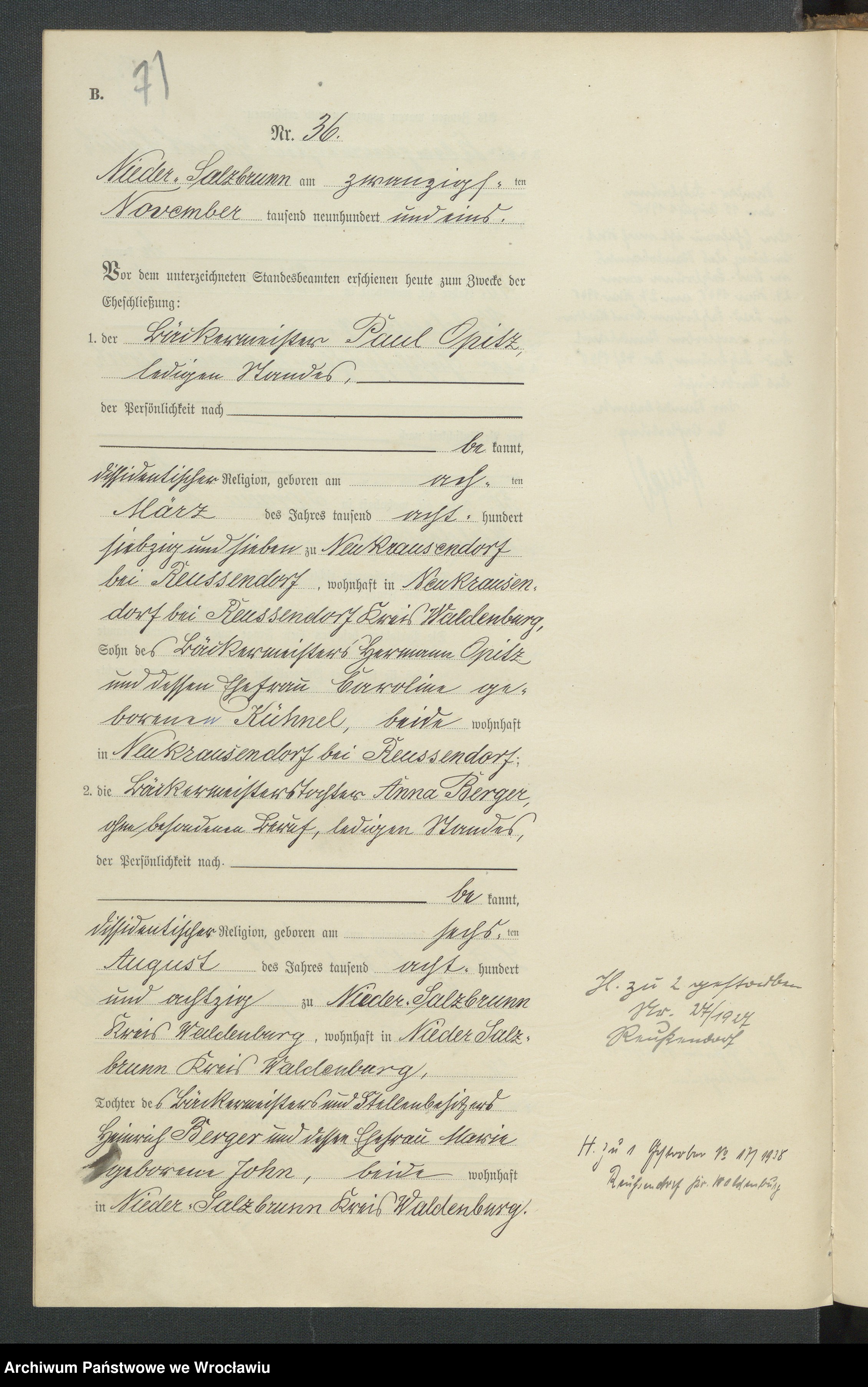 Skan z jednostki: Księga małżeństw USC w Szczawienku (Nieder Salzbrunn) 1901