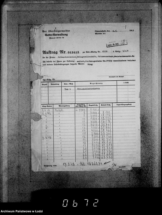 Obraz 5 z jednostki "Aufträge [Lieferscheinen und Rechnungen] 13371-13415. [Dostawa produktów do Getta]"