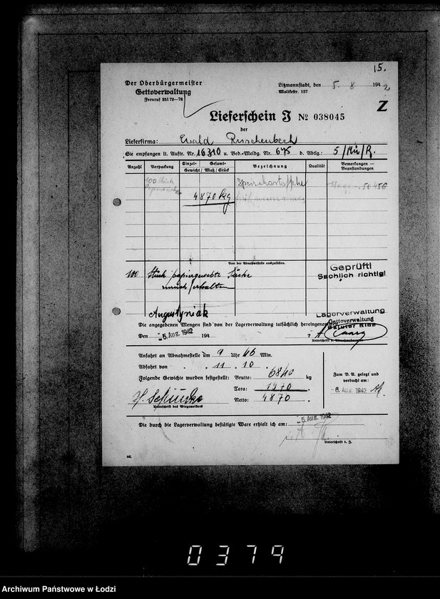 Obraz 19 z jednostki "Aufträge, [Lieferscheinen und Rechnungen] 16251-16310 [Dostawa żywności do Getta]"