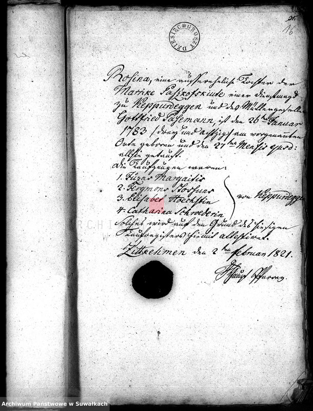 Obraz 13 z jednostki "Annexa do akt związków małżeńskich w gminie Filipońskiej w Powiecie Seyneńskim Województwie Augustowskim w roku 1821"