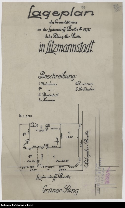 Obraz 1 z jednostki "Lageplan des Grundstückes an der Ludendorffstraße nr 35/37 in Litzmannstadt"