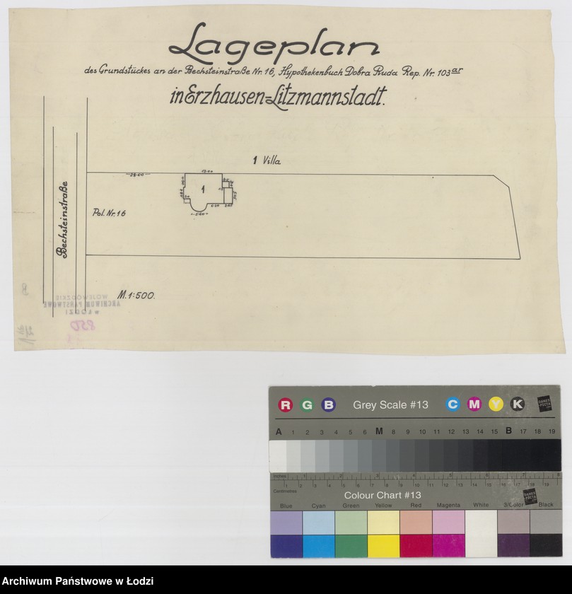 Obraz 1 z jednostki "Lageplan des Grundstückes an der Bechsteinstrasse Nr 16, Hypothekenbuch Dobra Ruda Rep Nr 103ar"