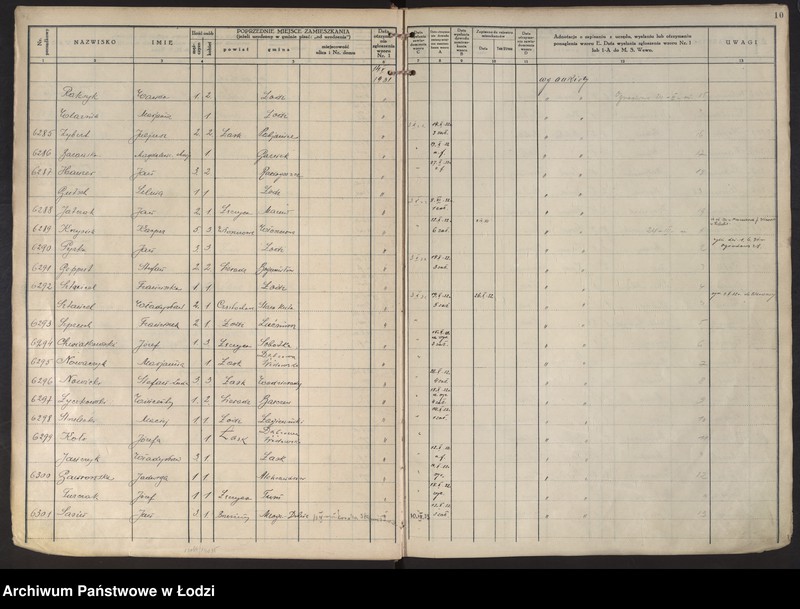 Obraz 13 z jednostki "Księga kontroli ruchu ludności (rejestr osób przybywających do gminy) Łódź, komisariat IV, ks. III, nr 6150-9390"