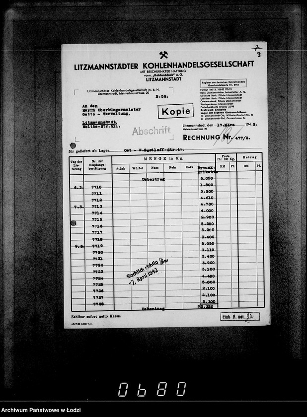 Obraz 13 z jednostki "Aufträge [Lieferscheinen und Rechnungen] 13371-13415. [Dostawa produktów do Getta]"