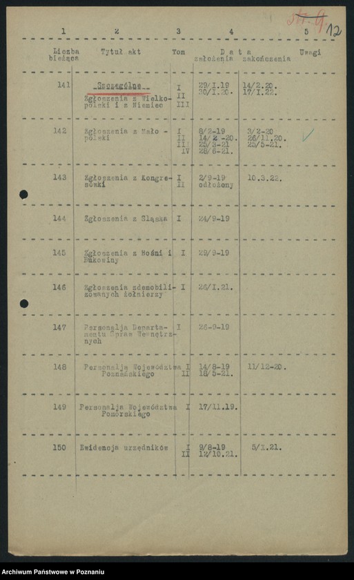 Obraz 14 z jednostki "Wykaz akt Departamentu V [Spraw Wewnętrznych] Ministerstwa B. Dz. Pruskiej w Poznaniu"