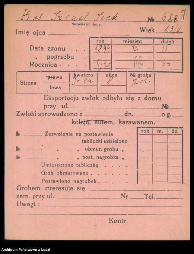 Obraz 8 z jednostki "Kartoteka osób pochowanych na cmentarzu żydowskim przy ulicy Brackiej w latach 1892-1959. Nazwiska na litery: Kos-Kra"