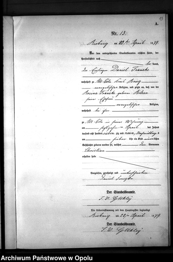 Obraz 16 z jednostki "Geburts-Neben-Register Standes-Amt Riebnig 1879"