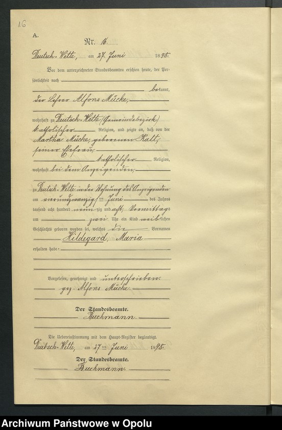 Obraz 20 z jednostki "Geburts-Neben-Register des Standesamts Deutsch Wette pro 1898"