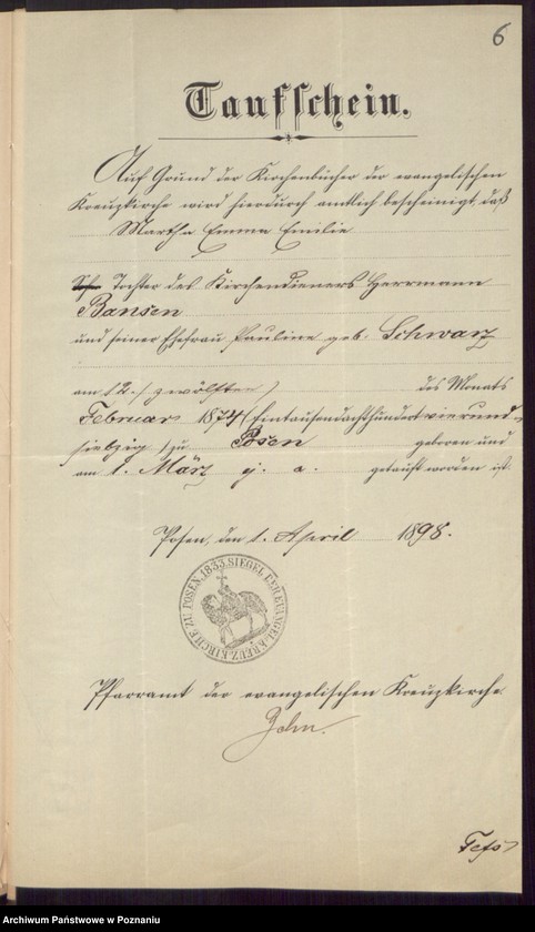 Obraz 8 z jednostki "Die von den Verlobten beigebrachten Urkunden zur Eheschliessung pro 1898"