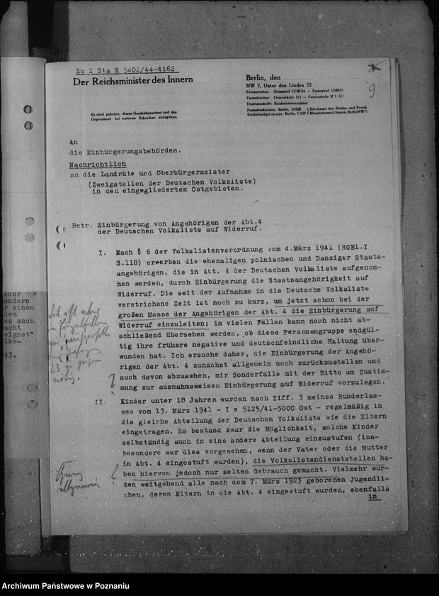 Obraz 13 z jednostki "Anwendung der Polenstrafrechts - Verordnung. Einbürgerung der Angehörigen der Abteilung IV der Deutschen Volksliste auf Widerruf. Anerkennung als privilegierte Schutzangehörige."