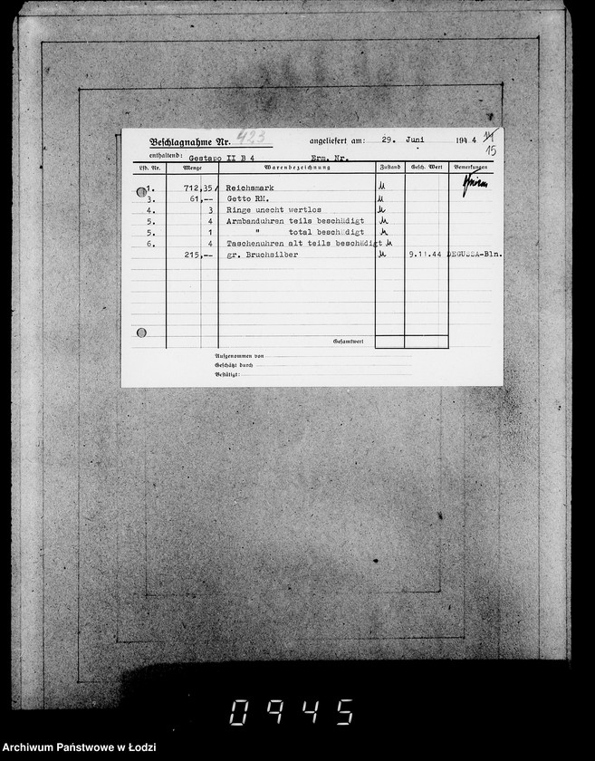 Obraz 19 z jednostki "Gestapo Kulmhof Leslau 400-436 [Kartoteka skonfiskowanego majątku ruchomego u Żydów]"