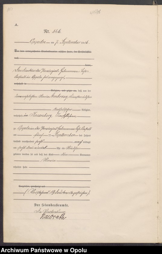 Obraz 14 z jednostki "Urząd Stanu Cywilnego w Opolu 1906 Rejestr Urodzeń miejscowa Nr 838 do 1264"