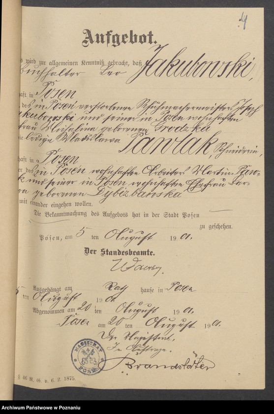 Obraz 6 z jednostki "Die von den Verlobten beigebrachten Urkunden zur Eheschliessung pro 1901. Vol XII"