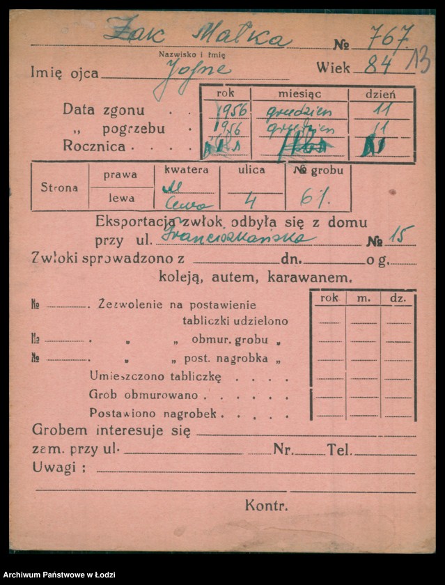Obraz 14 z jednostki "Kartoteka osób pochowanych na cmentarzu żydowskim przy ulicy Brackiej w latach 1892-1956. Nazwiska na literę Ż"