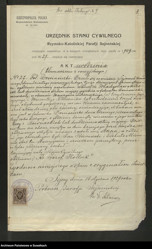 image.from.unit.number "Dokumenty Do aktów zaślubionych Smolańskiej R.K. Paraji za 1929 rok"
